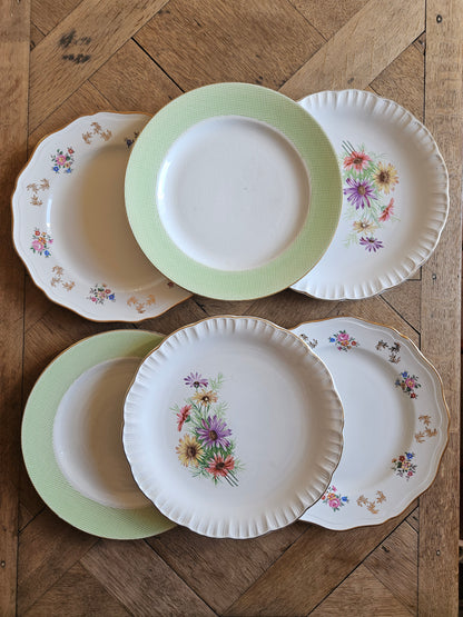 Lot de 6 assiettes plates dépareillées vert pomme et décors fleuris. L’amandinoise, st amand, digoin.