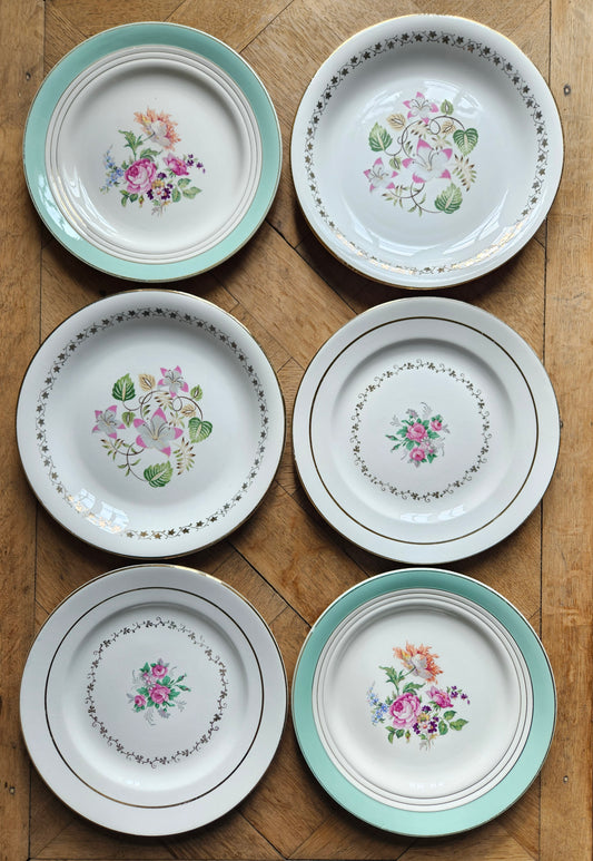 Lot de 6 assiettes plates vintage dépareillées mint, fleurs, dorure. Shabby chic. Manufactures anciennes françaises. Ceranord, st amand, L’Amandinoise 