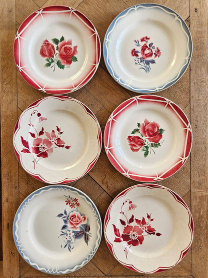 Ensemble de 6 assiettes plates vintage dépareillées. Digoin : Nina Rosa, Olga et Cibon. Gien. Vaisselle retro.