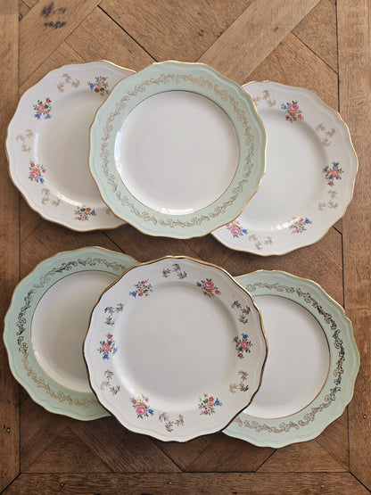 Lot de 6 assiettes plates anciennes dépareillées. Style shabby chic. L’amandinoise. Décor vert d’eau, petites fleurs et dorure.