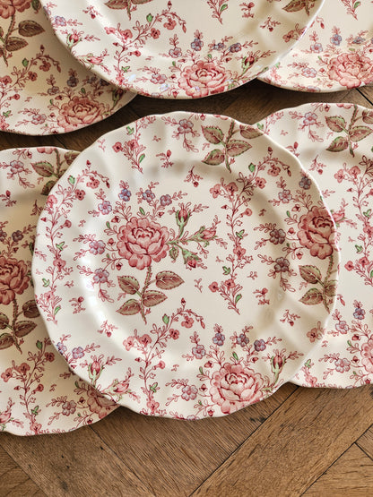 Lot de 6 assiettes plates vintage Johnson Brothers collection Rose Chintz. Vaisselle vintage spéciale lave-vaisselle et micro-ondes. Style shabby chic aux petites fleurs et roses. Made in England.