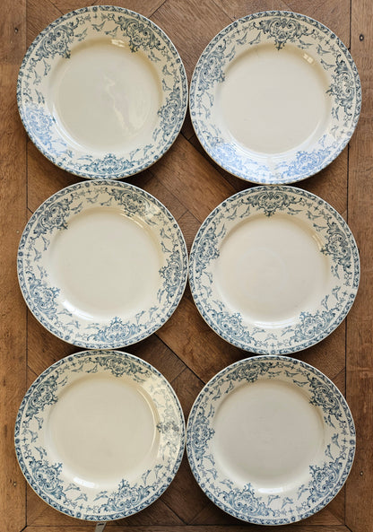 Lot de 6 assiettes plates anciennes terre de fer K&G Lunéville, modèle Colombes