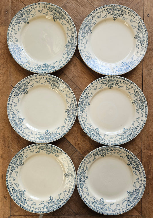 Lot de 6 assiettes plates anciennes terre de fer K&G Lunéville, modèle Colombes