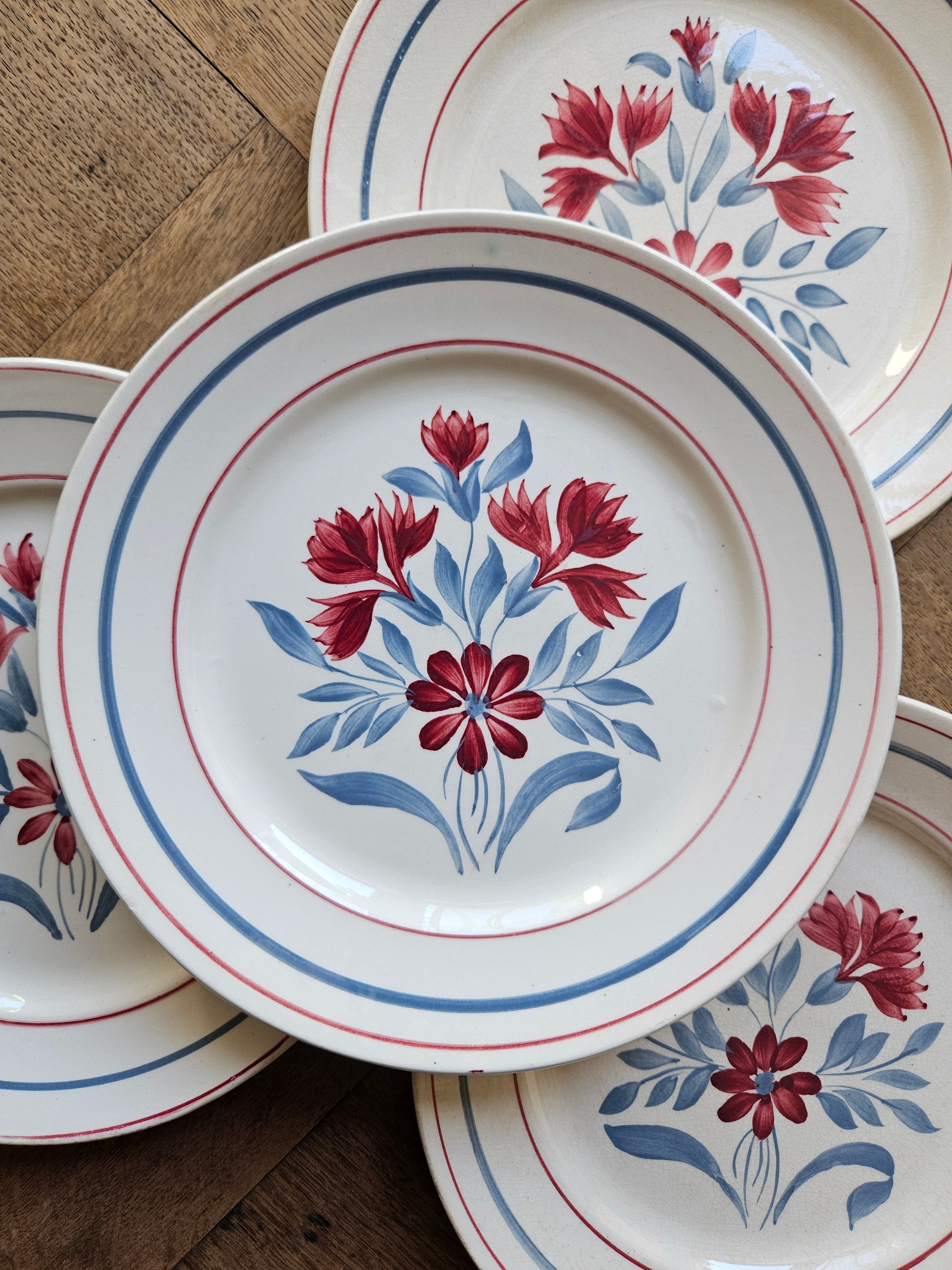 Assiettes plates retro Lunéville Herblay. Décor peint à la main.