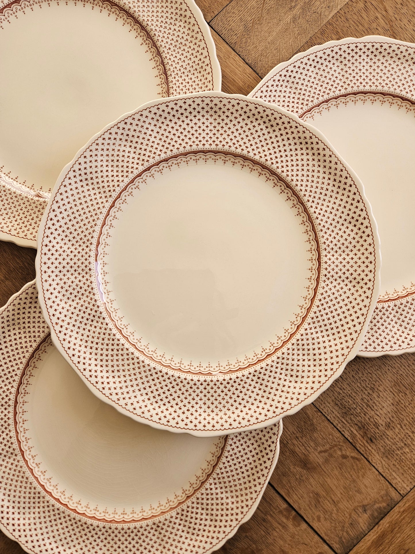 Lot de 4 assiettes plates vintage Mason’s, Ashlea.
Ironstone. Made in England.
Fond crème, décor marron / sépia. 