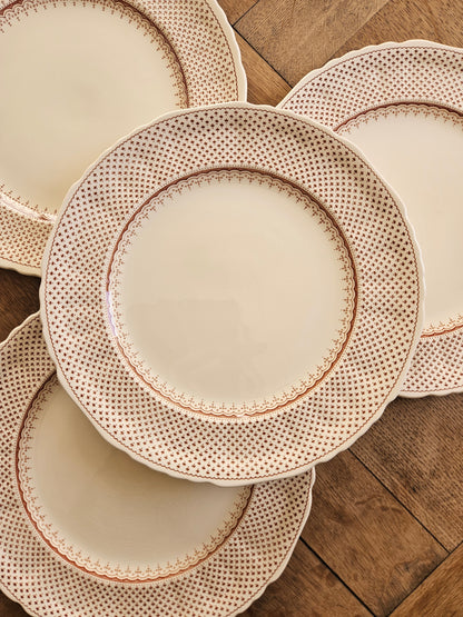 Lot de 4 assiettes plates vintage Mason’s, Ashlea.
Ironstone. Made in England.
Fond crème, décor marron / sépia. 