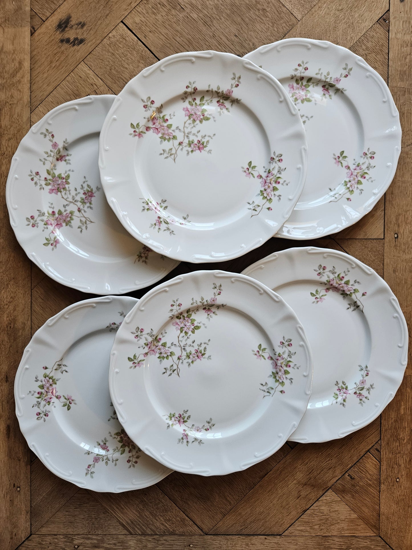 Lot de 8 assiettes plates anciennes porcelaine FD Chauvigny. Décor fleurs.