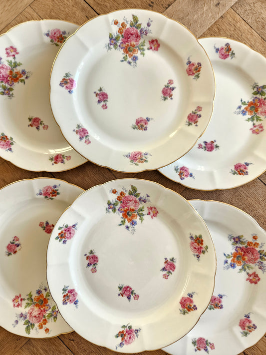 Lot d’assiettes plates anciennes au décor fleuri shabby chic. Porcelaine vintage.