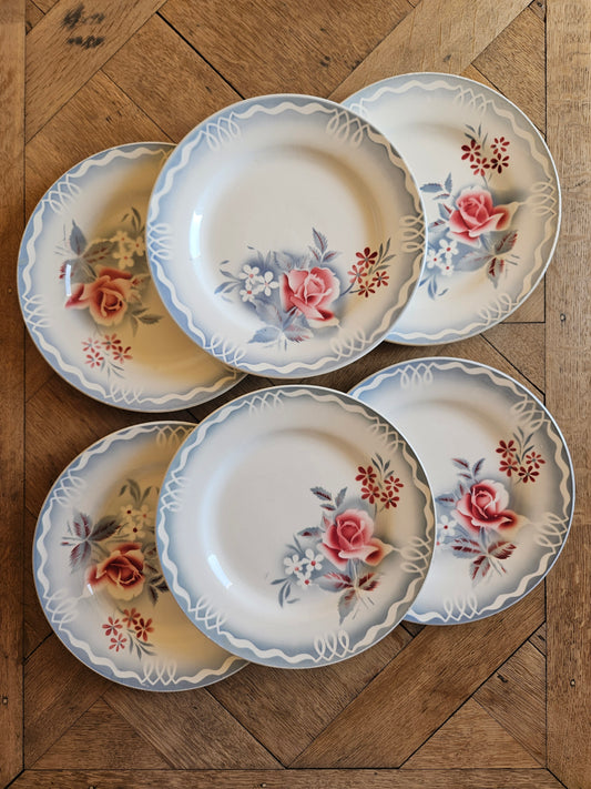 Lot de 6 assiettes plates vintage Digoin modèle Olga. Vaisselle ancienne style rétro. 