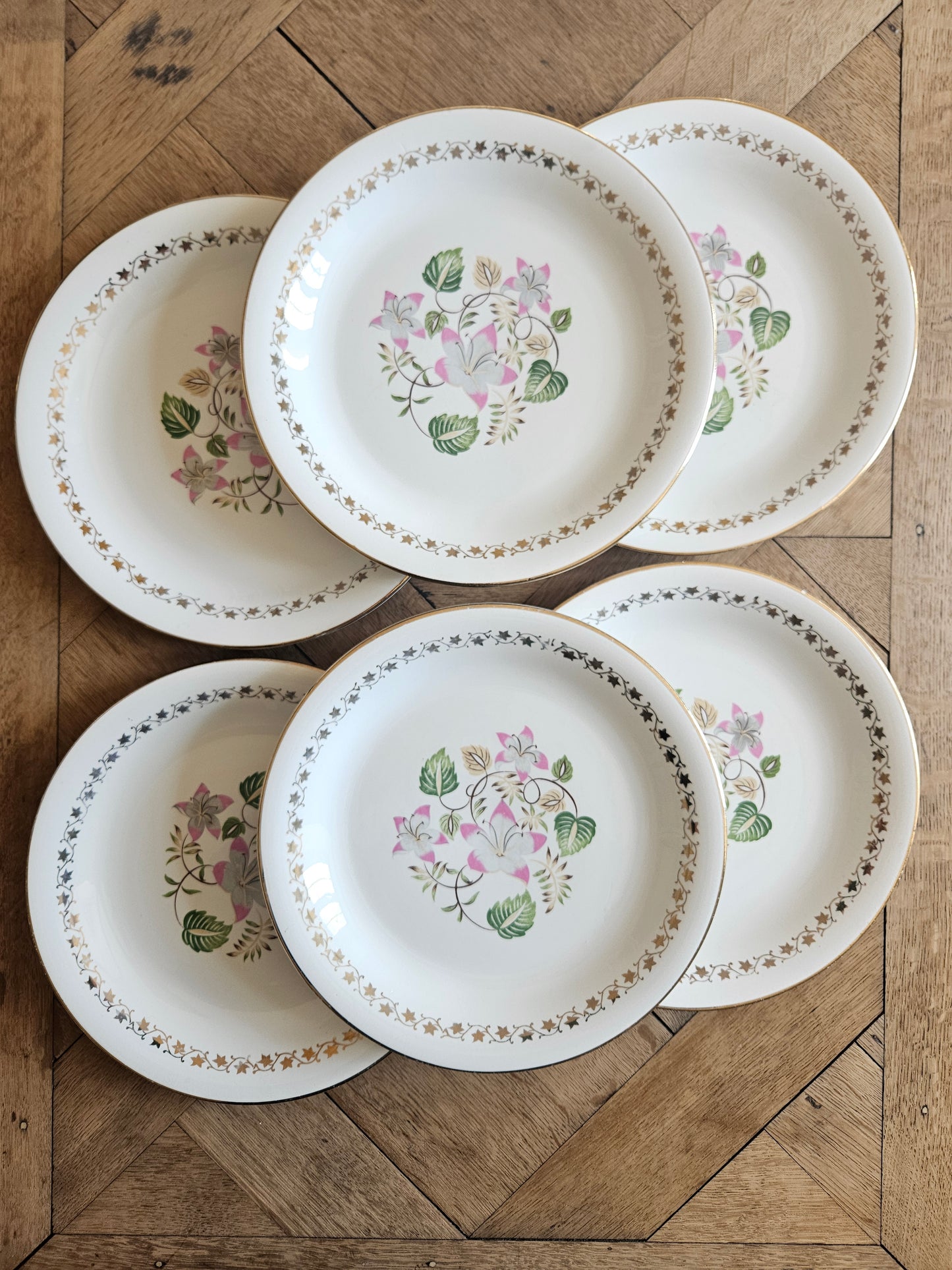 Lot de 6 assiettes plates anciennes L’Amandinoise modèle Margaret style shabby chic 