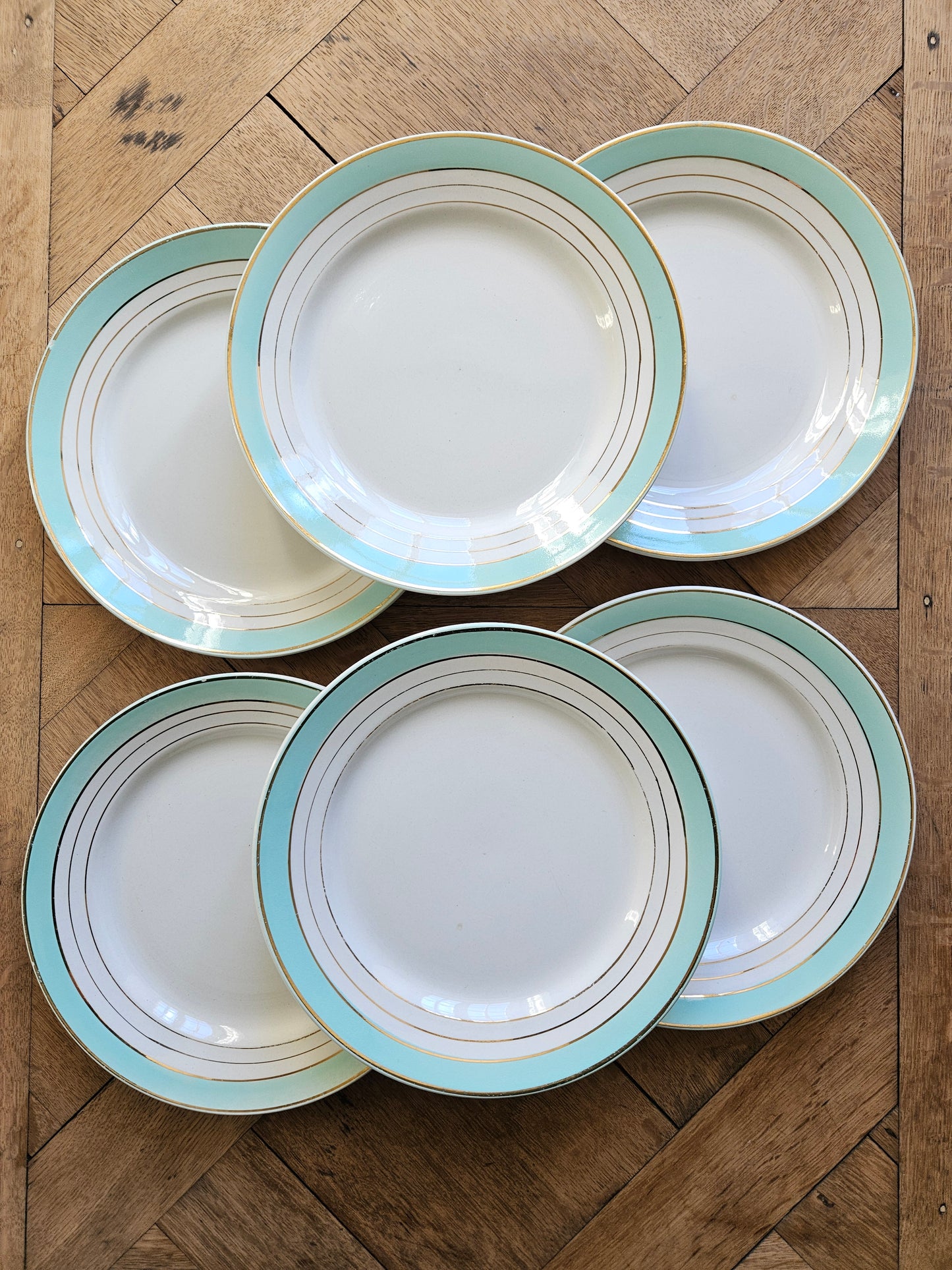 Lot 6 assiettes plates anciennes K&G Lunéville Régence. Vert mint, dorure, style shabby chic. 