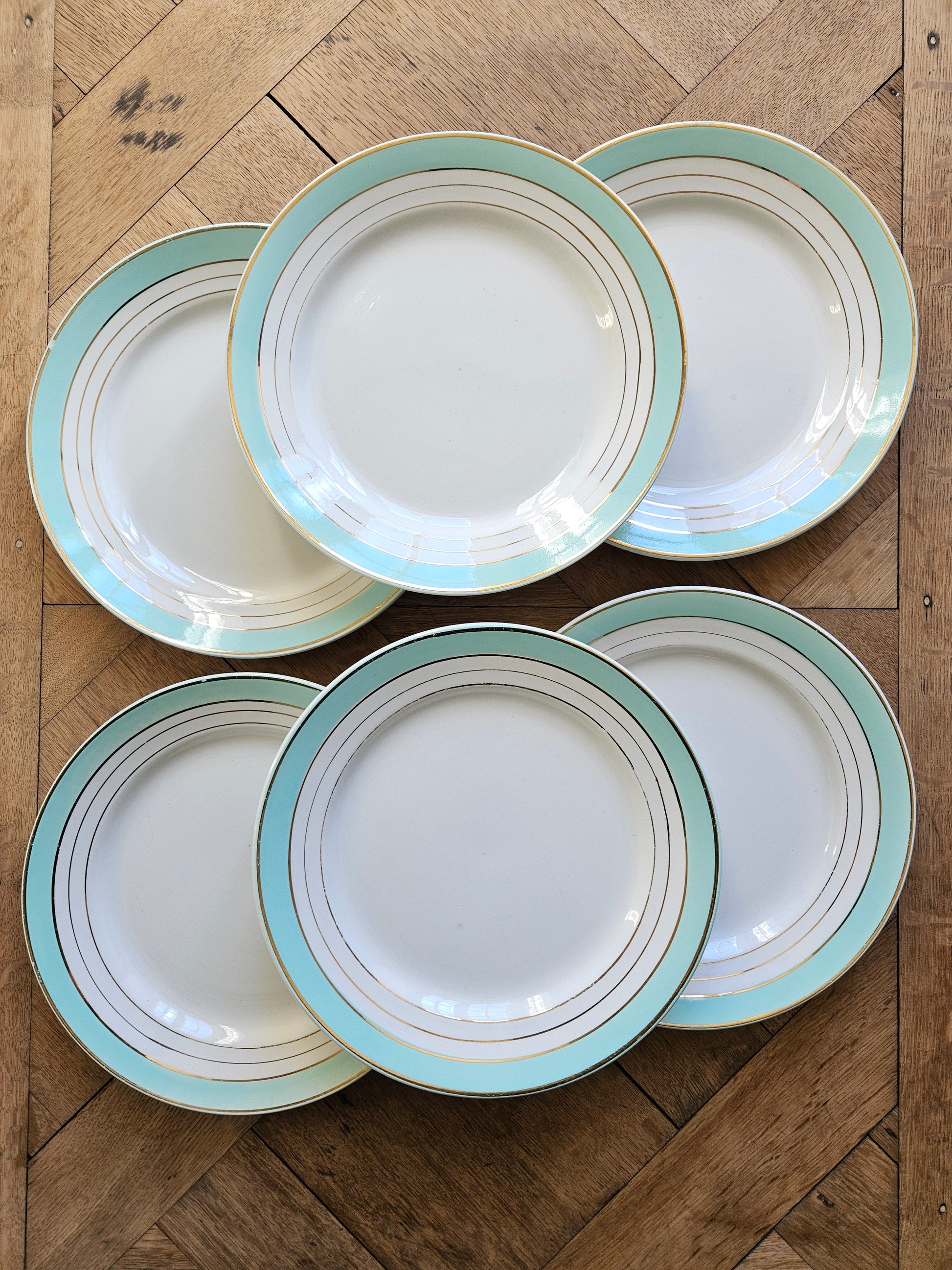 Lot 6 assiettes plates anciennes K&G Lunéville Régence. Vert mint, dorure, style shabby chic. 