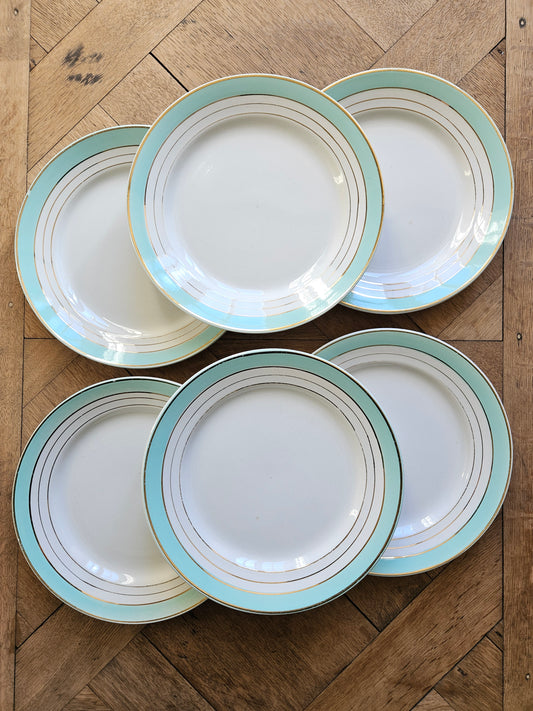Lot 6 assiettes plates anciennes K&G Lunéville Régence. Vert mint, dorure, style shabby chic. 