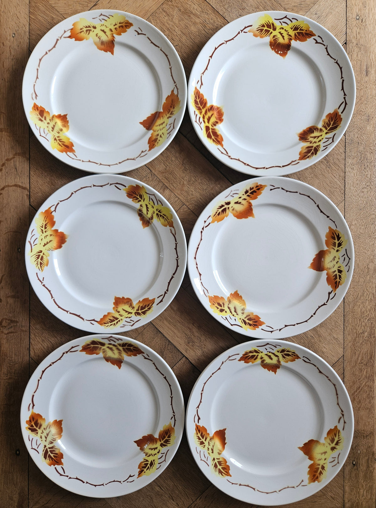 Lot de 6 assiettes plates vintage moulin des loups. Décor automnal.