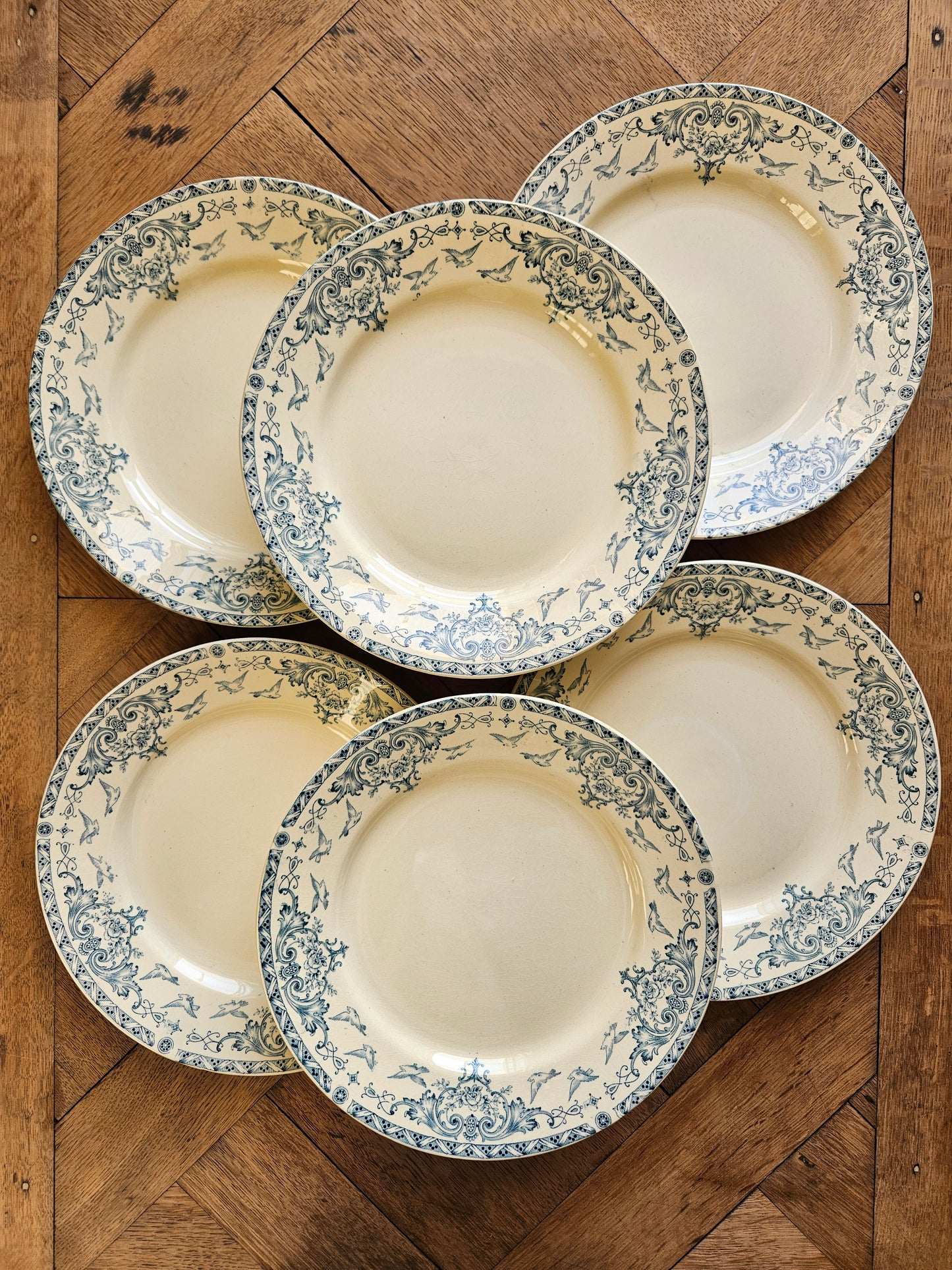 Lot de 6 assiettes plates anciennes terre de fer K&G Lunéville, modèle Colombes