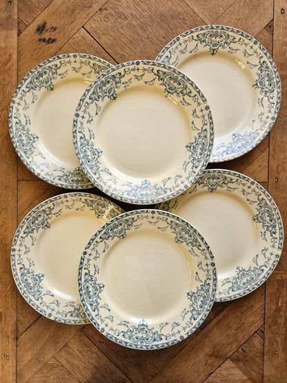 Lot de 6 assiettes plates anciennes terre de fer K&G Lunéville, modèle Colombes