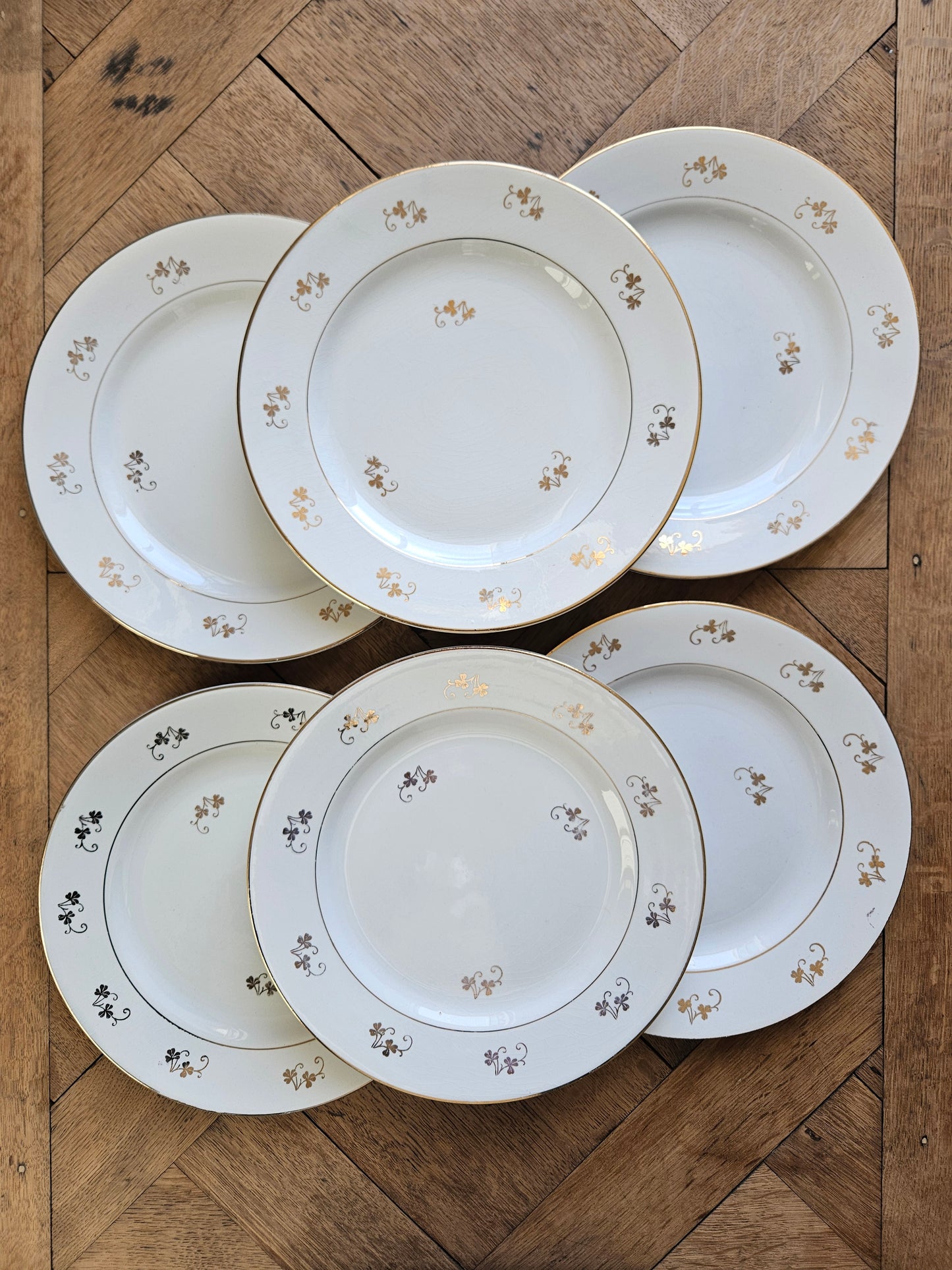 Lot de 6 assiettes plates vintage st amand. Décor trèfles dorés.