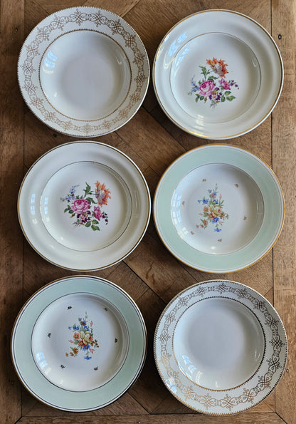 Lot de 6 assiettes creuses anciennes dépareillées. Vert mint, fleurs et dorure, style shabby chic. Pour table champêtre chic. L’amandinoise, Ceranord, st amand.