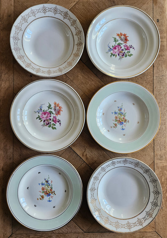 Lot de 6 assiettes creuses anciennes dépareillées. Vert mint, fleurs et dorure, style shabby chic. Pour table champêtre chic. L’amandinoise, Ceranord, st amand.