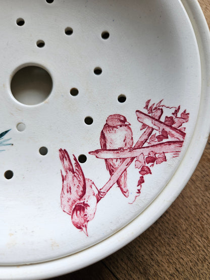 Porte éponge ancien Longwy, modèle Oiseaux.
Terre de fer. Décor rouge et vert. Oiseaux et bambous.