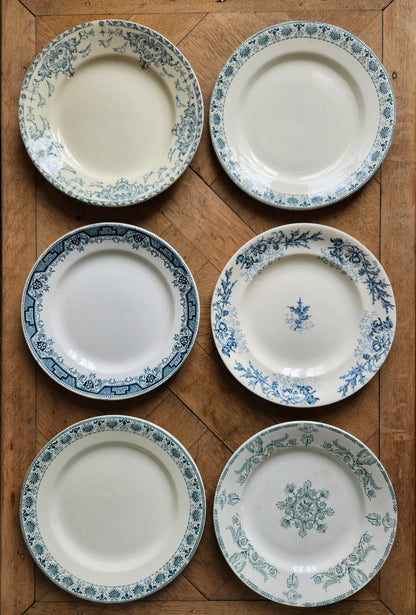 Lot de 6 assiettes plates anciennes dépareillées en terre de fer. Salins, Longwy, St Amand et Hamage, K&G Lunéville. Ironstone.