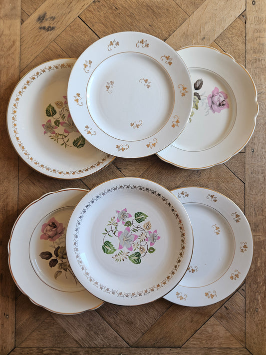 Mix and match de 6 assiettes plates anciennes. Décors fleuris, dorure. Style shabby chic. L’amandinoise, Lunéville, Badonviller, St Amand.