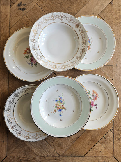 Lot de 6 assiettes creuses anciennes dépareillées. Vert mint, fleurs et dorure, style shabby chic. Pour table champêtre chic. L’amandinoise, Ceranord, st amand.