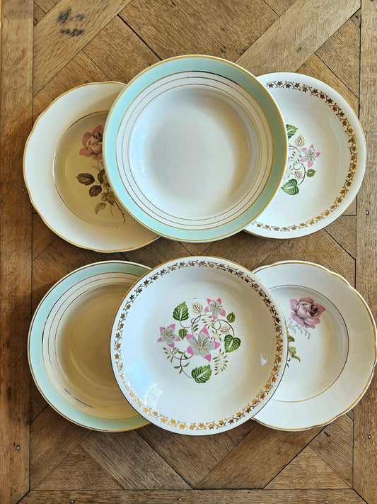 Mix and match de 6 assiettes creuses vintage dépareillées. Lunéville, L’Amandinoise, Badonviller. Décors fleuris, liseré vert d’eau.