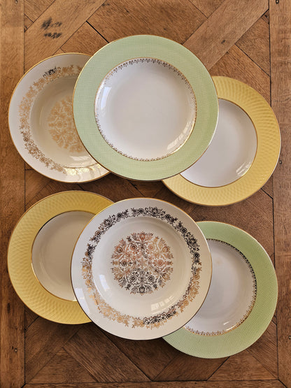 Mix and match de 6 assiettes creuses vintage. Moulin des Loups, St Amand. Vert, jaune et dorure.