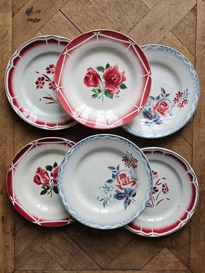 Assortiment dépareillé de 6 assiettes plates vintage. Digoin Cibon, Digoin Olga et Fenal Badonviller. Pour une table rétro.