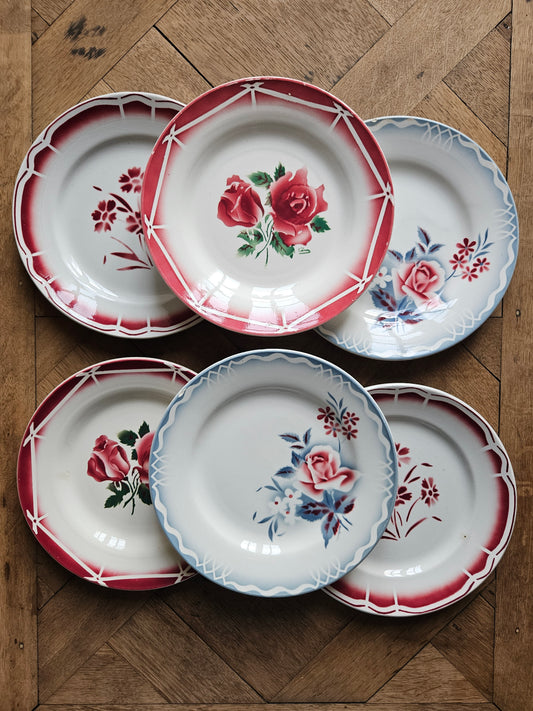Assortiment dépareillé de 6 assiettes plates vintage. Digoin Cibon, Digoin Olga et Fenal Badonviller. Pour une table rétro.