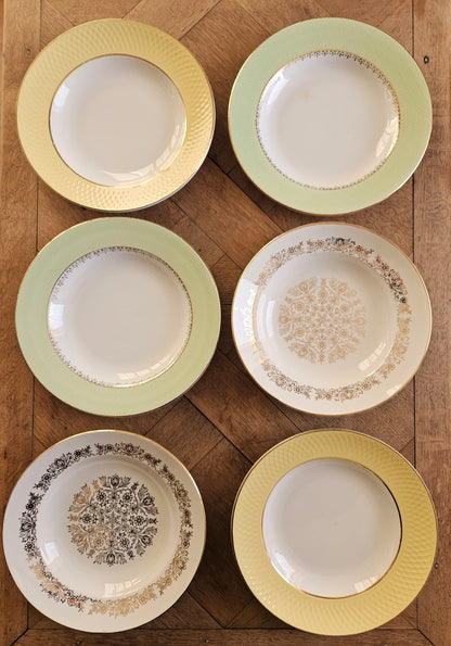 Mix and match de 6 assiettes creuses vintage. Moulin des Loups, St Amand. Vert, jaune et dorure.