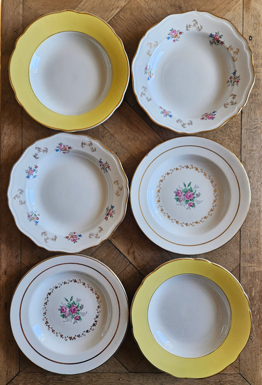Mix and match de 6 assiettes creuses vintage. Jaune et fleurs. 