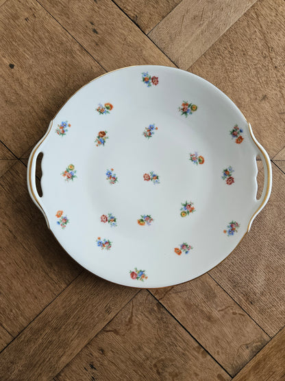 Plat à tarte vintage décor fleuri, porcelaine, style shabby chic 