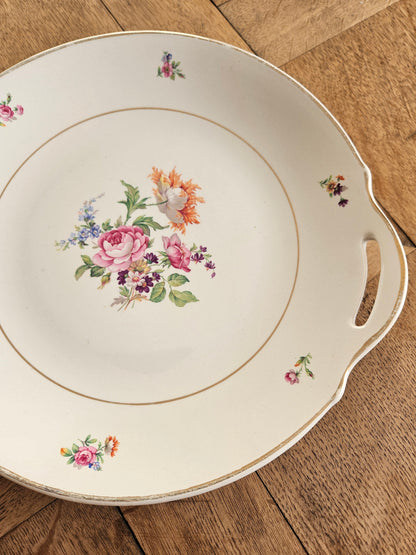 Plat à tarte ancien K&G Lunéville, modèle Artois. Décor fleuri et dorure style shabby chic. 