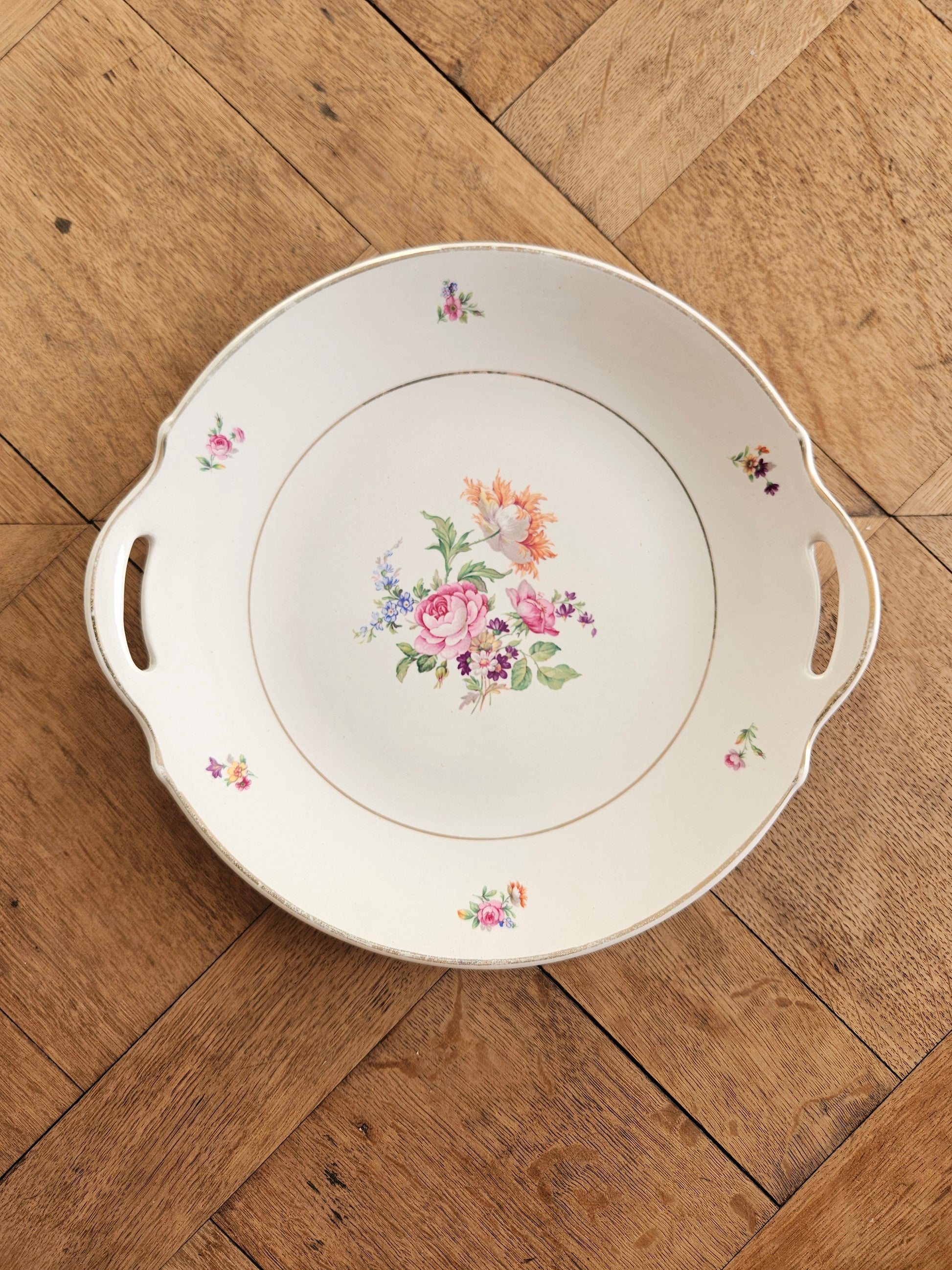 Plat à tarte vintage K&G Lunéville, modèle Artois. Décor fleuri shabby chic. 