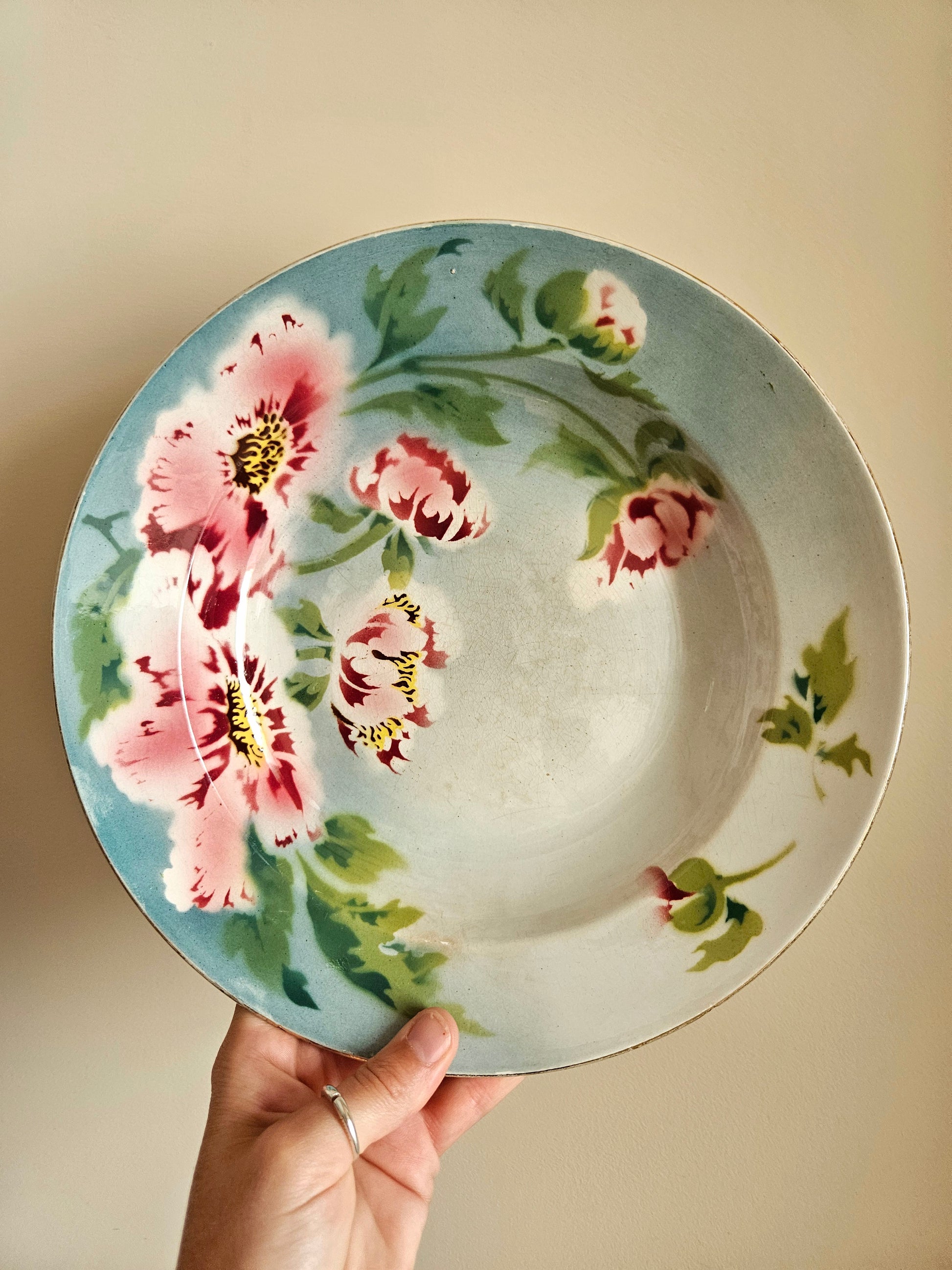 Plat creux ancien décor multicolore pivoines