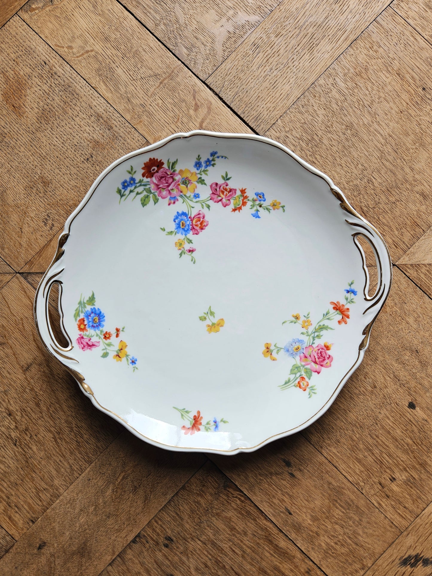 Plat à gâteau en porcelaine, bouquets de fleurs