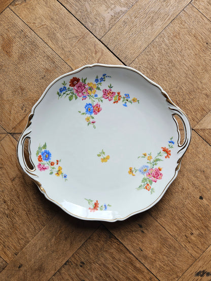 Plat à gâteau en porcelaine, bouquets de fleurs