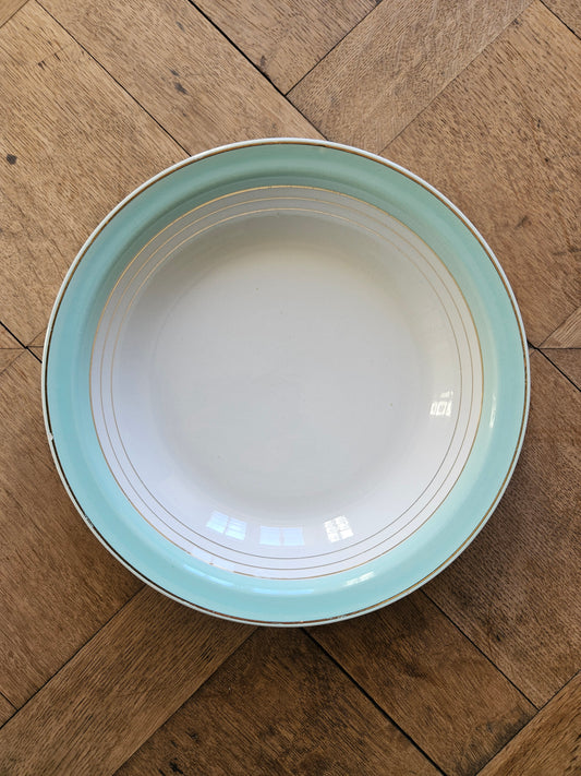 Plat creux ancien K&G Lunéville, modèle Régence. Vert d’eau et dorure. Shabby Chic. 