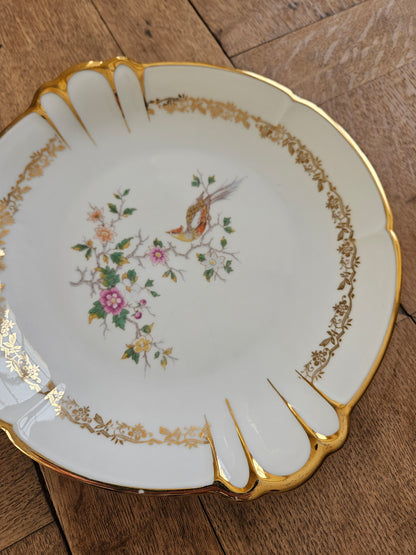 Plat à tarte ancien porcelaine et emaux de Limoges. oiseaux
