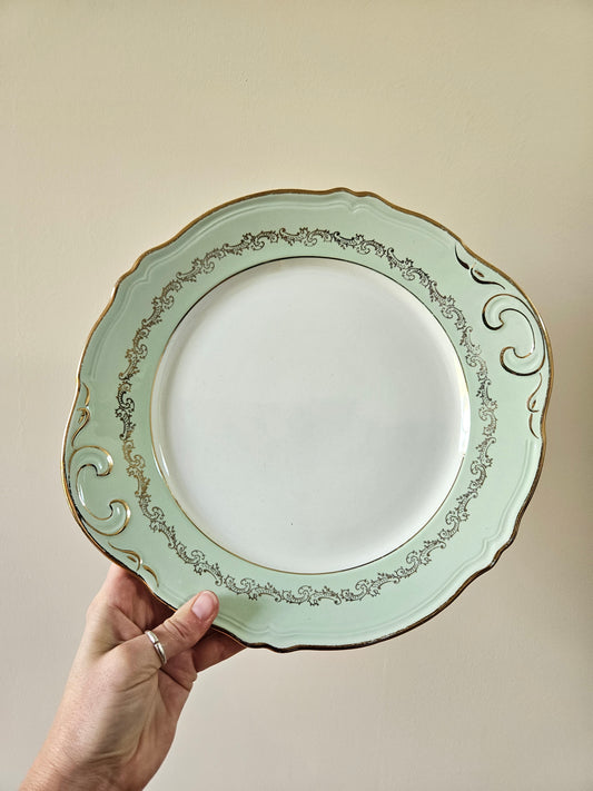 Plat à tarte ancien L’Amandinoise 9708. Décor vert d’eau et doré style shabby chic.