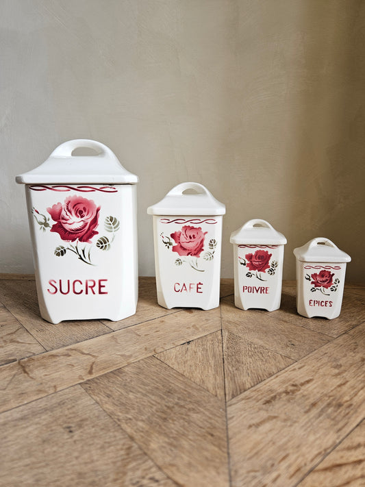 Lot de 4 pots à épices rétro Badonviller Germaine. Sucre café poivre épices. 