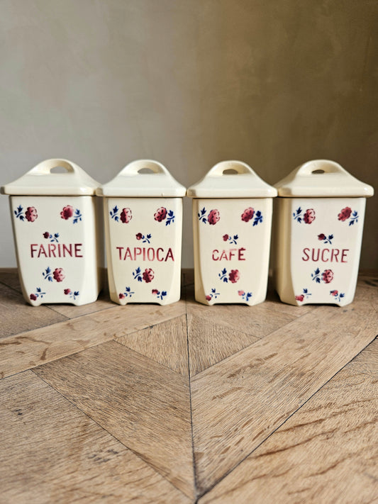 Série de 4 pots à épices Badonviller. Sucre farine tapioca café 