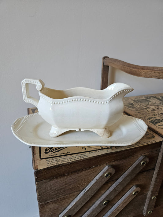 Rare saucière ancienne Sarreguemines octogonale perlée. 