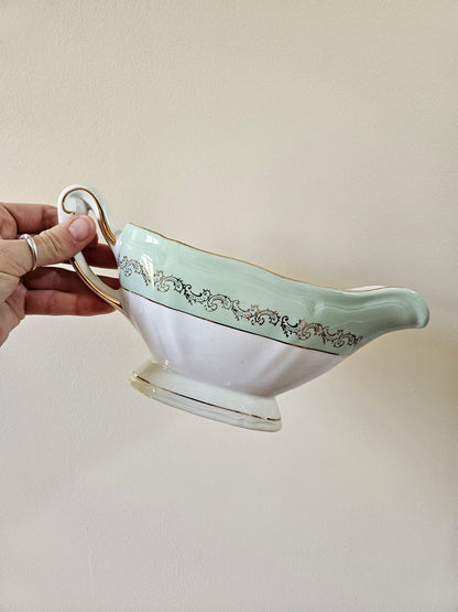 Saucière vintage L’Amandinoise, mint et dorée. Style shabby chic.