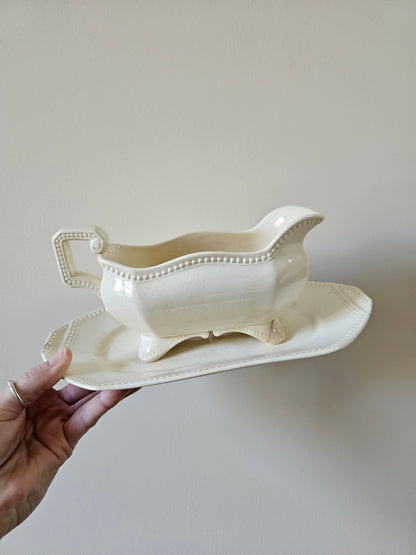 Rare saucière ancienne octogonale perlée Sarreguemines 