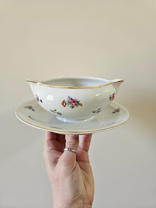 Saucière vintage en porcelaine, petites fleurs
