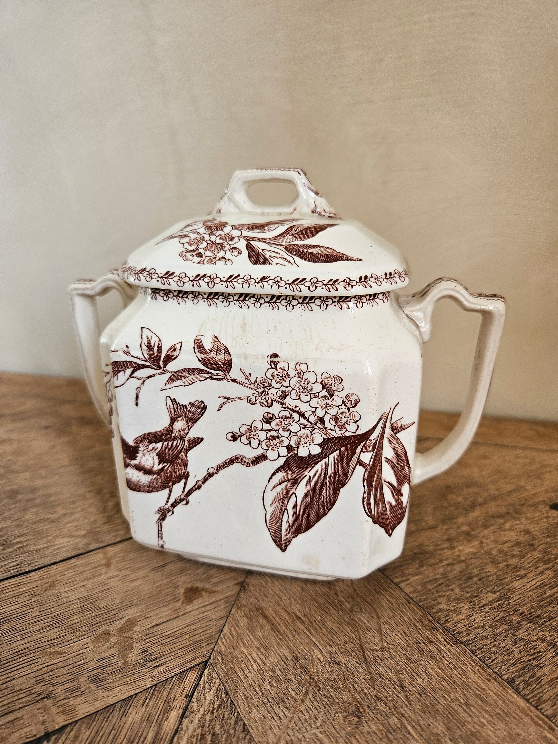 Sucrier ancien oiseaux et fleurs, couleur sépia. Terre de fer. Rappelant le modèle Silva de Creil et Montereau. 