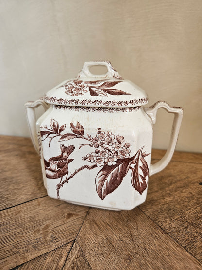 Sucrier ancien oiseaux et fleurs, couleur sépia. Terre de fer. Rappelant le modèle Silva de Creil et Montereau. 